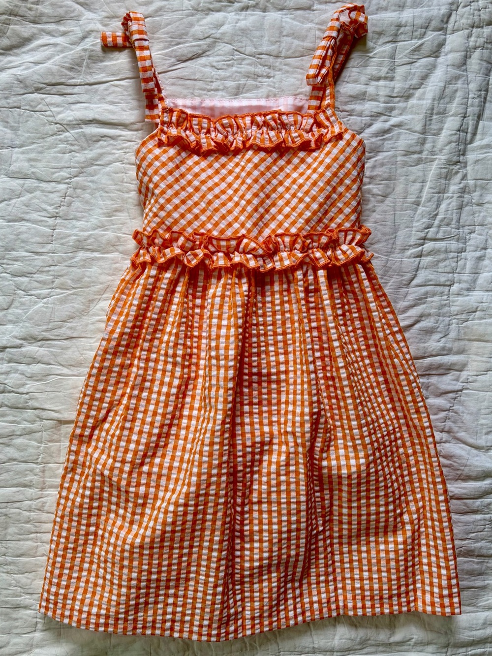 Girls Orange and White Gingham Ruffle Dress